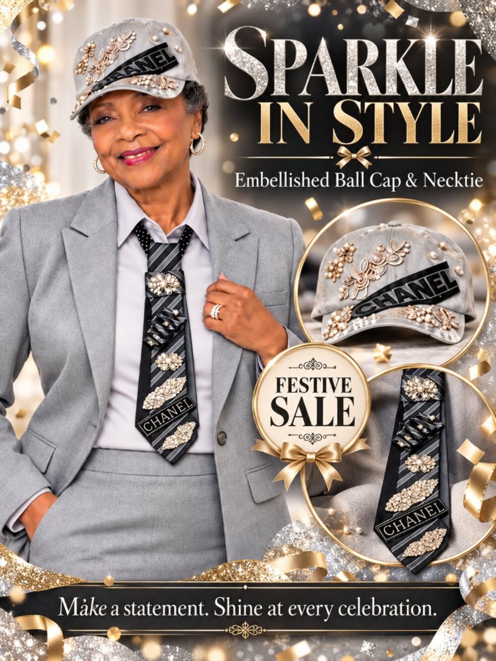 Glamour Embellished Ball Cap & Necktie Set